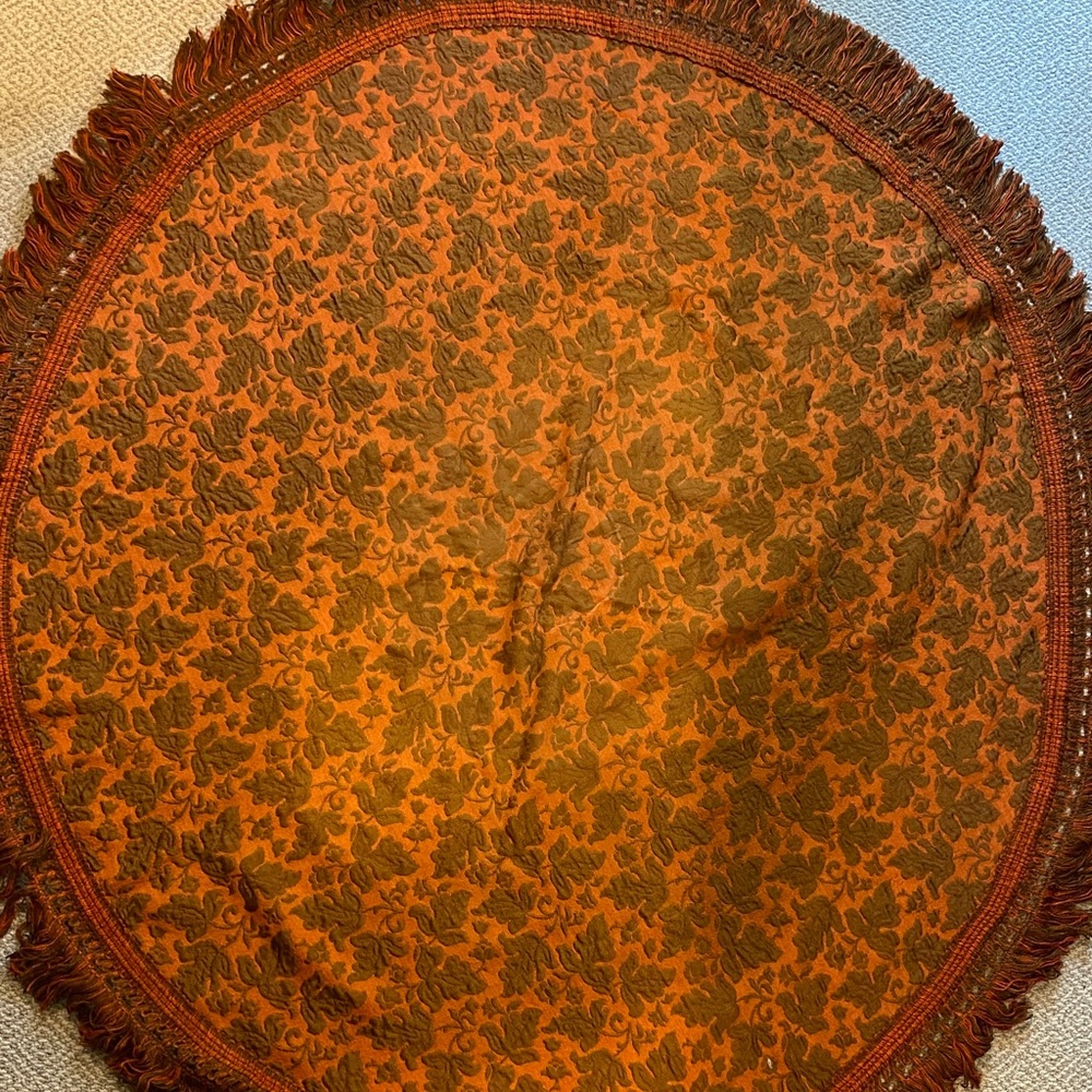 Vintage Round Jacquard Table Cloth in Burnt Orange and Olive with Fringe. Poncho